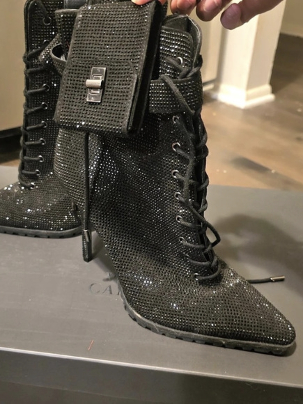 Black Rhinestone Heeled Combat Boots